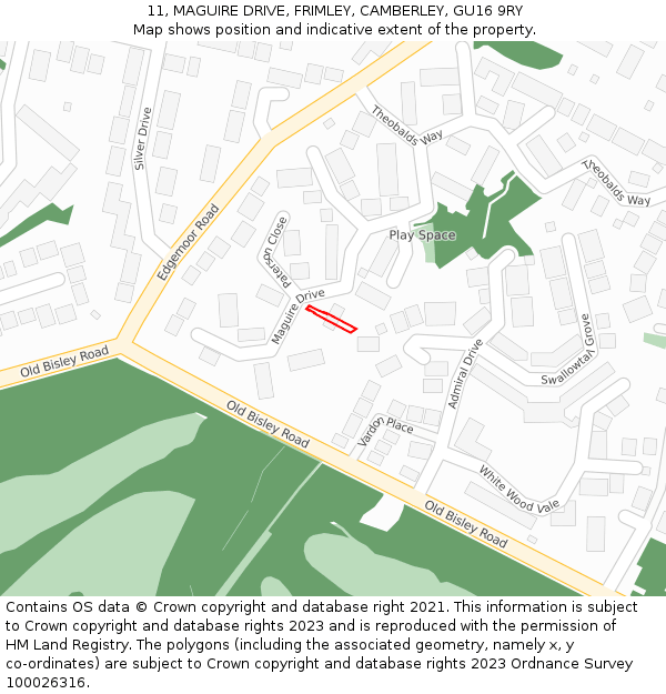 11, MAGUIRE DRIVE, FRIMLEY, CAMBERLEY, GU16 9RY: Location map and indicative extent of plot