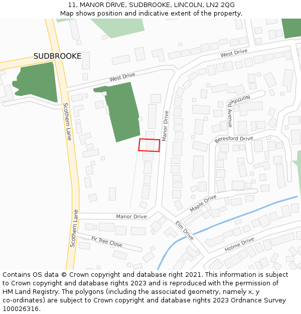 11, MANOR DRIVE, SUDBROOKE, LINCOLN, LN2 2QG: Location map and indicative extent of plot