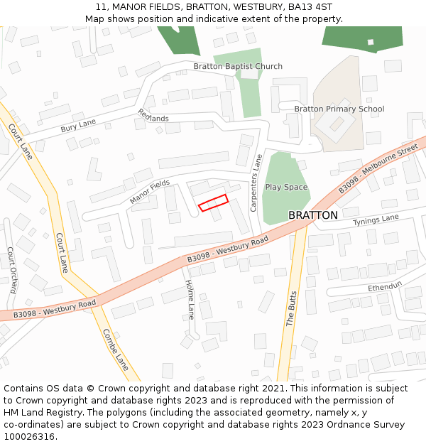 11, MANOR FIELDS, BRATTON, WESTBURY, BA13 4ST: Location map and indicative extent of plot
