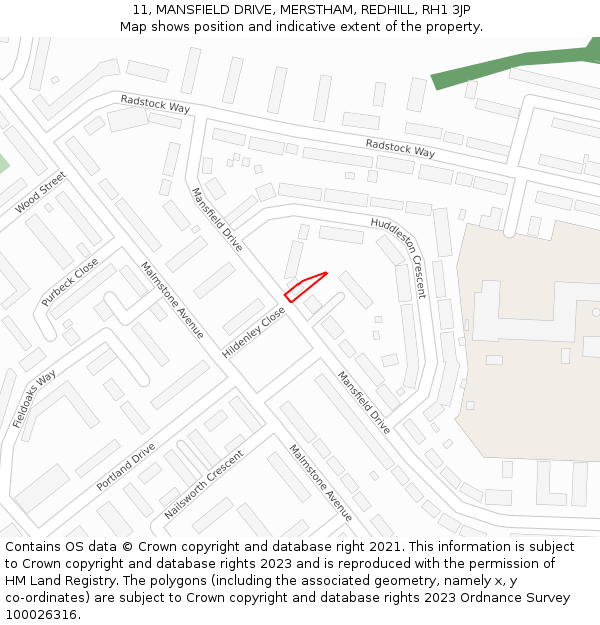 11, MANSFIELD DRIVE, MERSTHAM, REDHILL, RH1 3JP: Location map and indicative extent of plot