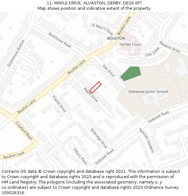 11, MAPLE DRIVE, ALVASTON, DERBY, DE24 0FT: Location map and indicative extent of plot
