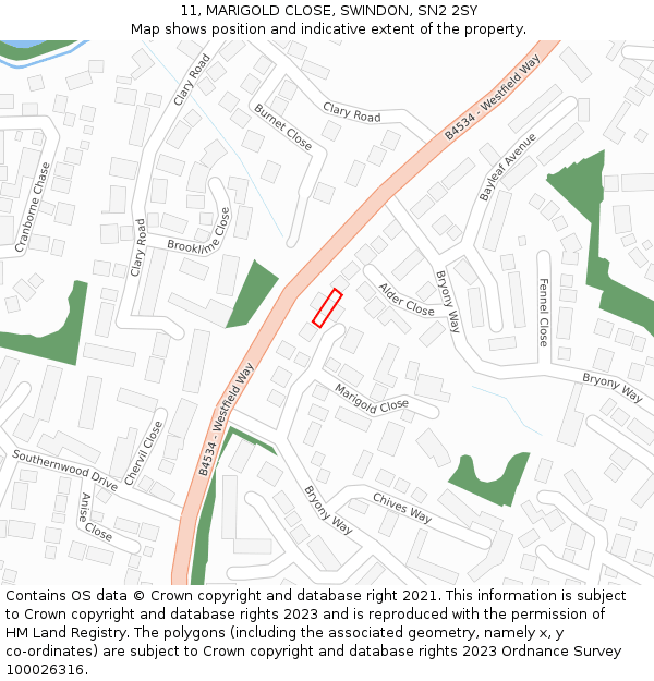 11, MARIGOLD CLOSE, SWINDON, SN2 2SY: Location map and indicative extent of plot