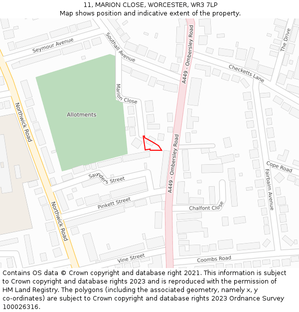 11, MARION CLOSE, WORCESTER, WR3 7LP: Location map and indicative extent of plot