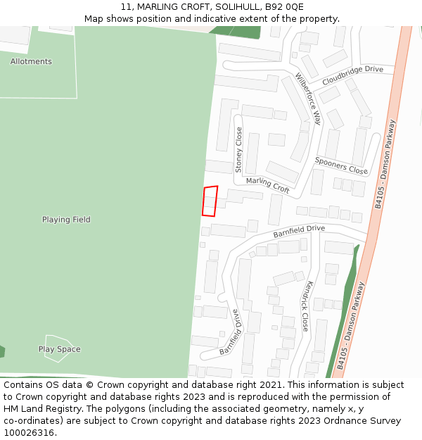 11, MARLING CROFT, SOLIHULL, B92 0QE: Location map and indicative extent of plot