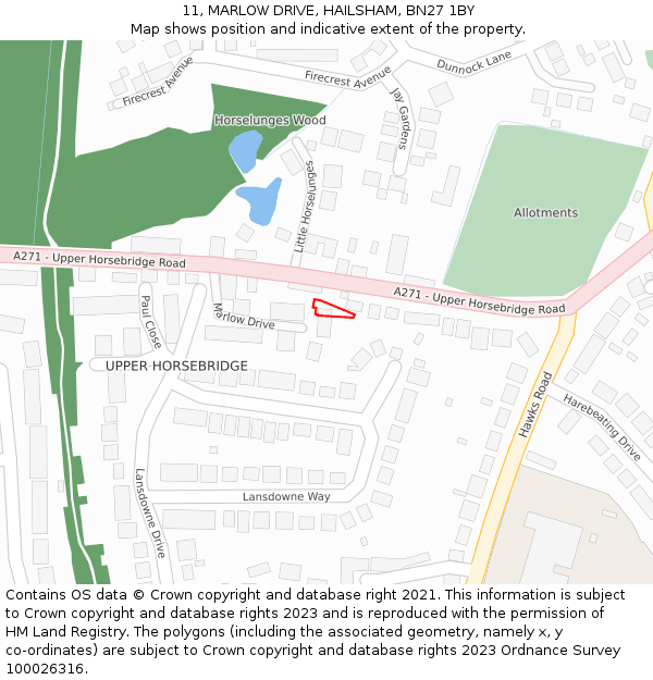 11, MARLOW DRIVE, HAILSHAM, BN27 1BY: Location map and indicative extent of plot