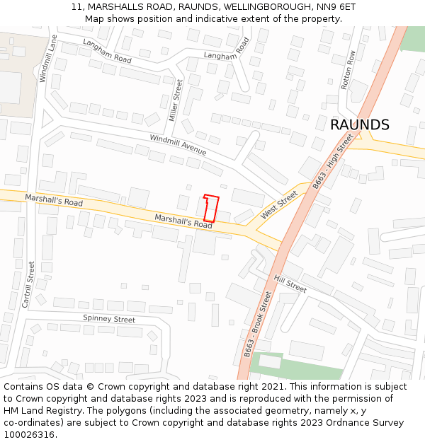 11, MARSHALLS ROAD, RAUNDS, WELLINGBOROUGH, NN9 6ET: Location map and indicative extent of plot