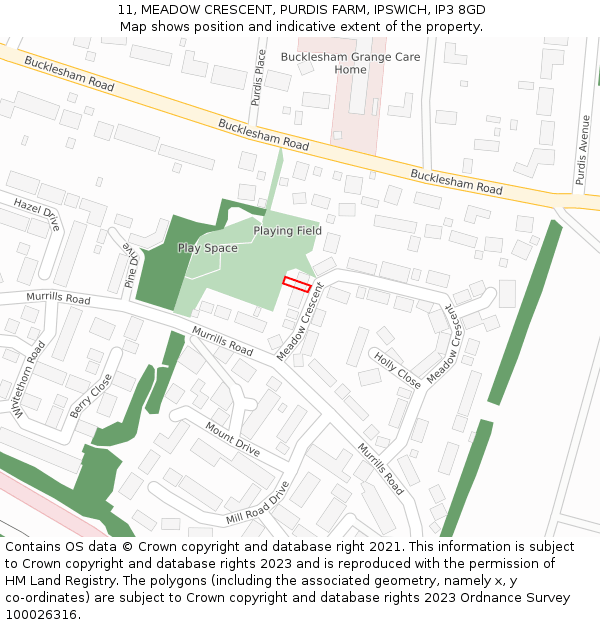 11, MEADOW CRESCENT, PURDIS FARM, IPSWICH, IP3 8GD: Location map and indicative extent of plot