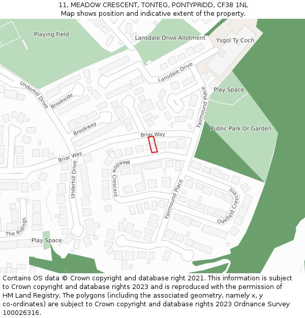 11, MEADOW CRESCENT, TONTEG, PONTYPRIDD, CF38 1NL: Location map and indicative extent of plot