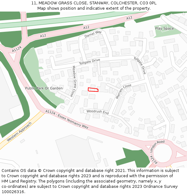 11, MEADOW GRASS CLOSE, STANWAY, COLCHESTER, CO3 0PL: Location map and indicative extent of plot