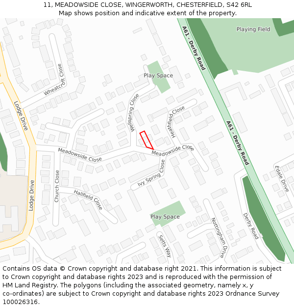 11, MEADOWSIDE CLOSE, WINGERWORTH, CHESTERFIELD, S42 6RL: Location map and indicative extent of plot