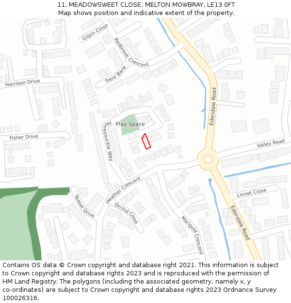 11, MEADOWSWEET CLOSE, MELTON MOWBRAY, LE13 0FT: Location map and indicative extent of plot