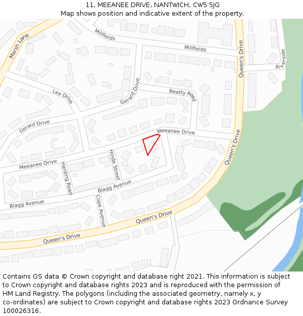 11, MEEANEE DRIVE, NANTWICH, CW5 5JG: Location map and indicative extent of plot