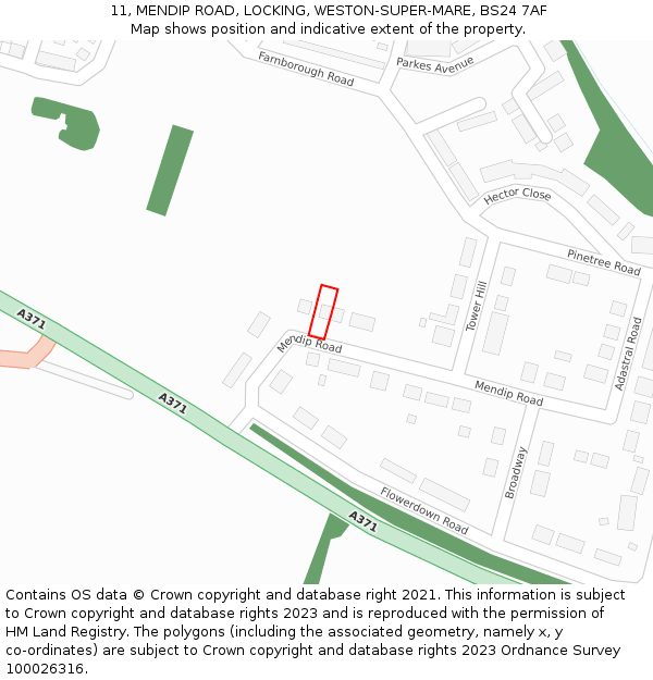 11, MENDIP ROAD, LOCKING, WESTON-SUPER-MARE, BS24 7AF: Location map and indicative extent of plot