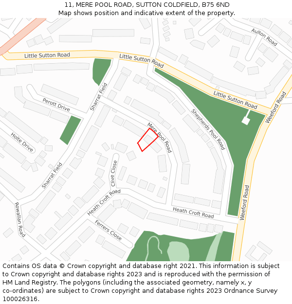 11, MERE POOL ROAD, SUTTON COLDFIELD, B75 6ND: Location map and indicative extent of plot