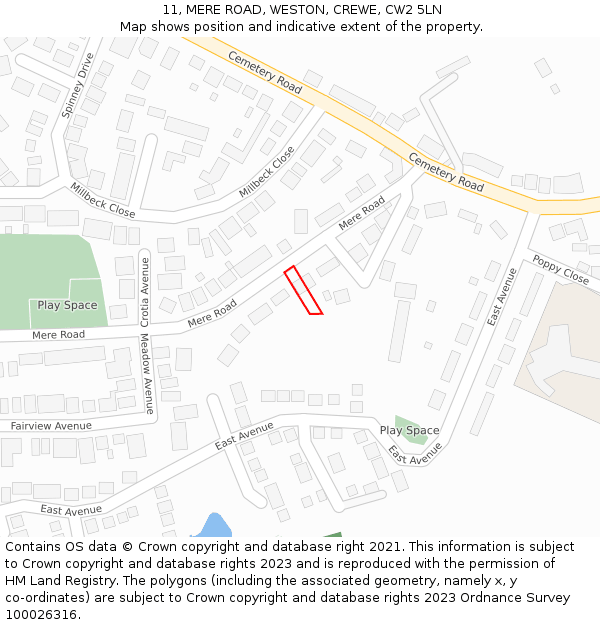 11, MERE ROAD, WESTON, CREWE, CW2 5LN: Location map and indicative extent of plot