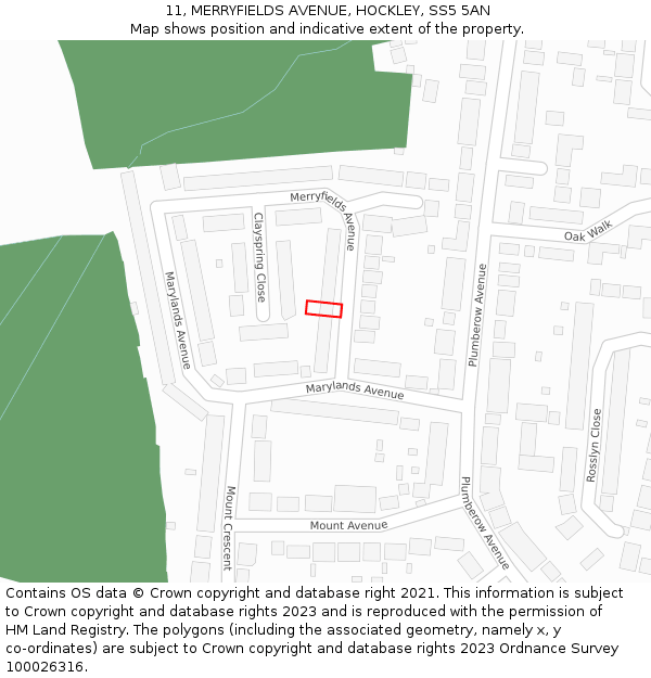 11, MERRYFIELDS AVENUE, HOCKLEY, SS5 5AN: Location map and indicative extent of plot