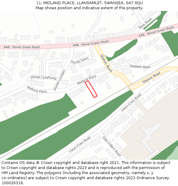 11, MIDLAND PLACE, LLANSAMLET, SWANSEA, SA7 9QU: Location map and indicative extent of plot