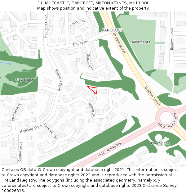 11, MILECASTLE, BANCROFT, MILTON KEYNES, MK13 0QL: Location map and indicative extent of plot
