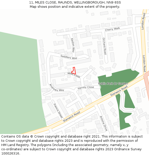 11, MILES CLOSE, RAUNDS, WELLINGBOROUGH, NN9 6SS: Location map and indicative extent of plot