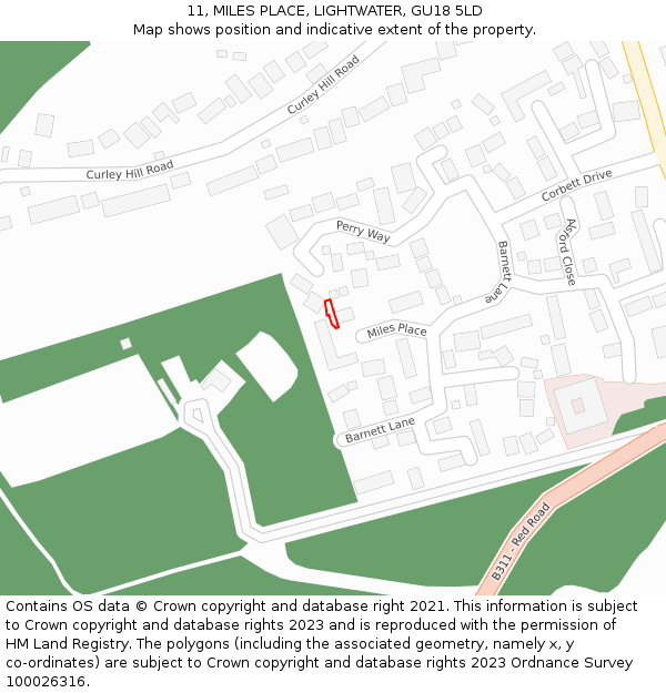 11, MILES PLACE, LIGHTWATER, GU18 5LD: Location map and indicative extent of plot