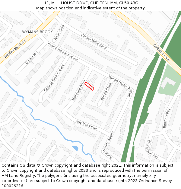 11, MILL HOUSE DRIVE, CHELTENHAM, GL50 4RG: Location map and indicative extent of plot