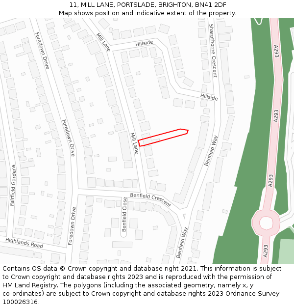 11, MILL LANE, PORTSLADE, BRIGHTON, BN41 2DF: Location map and indicative extent of plot