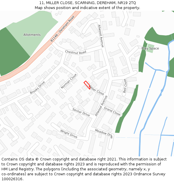 11, MILLER CLOSE, SCARNING, DEREHAM, NR19 2TQ: Location map and indicative extent of plot