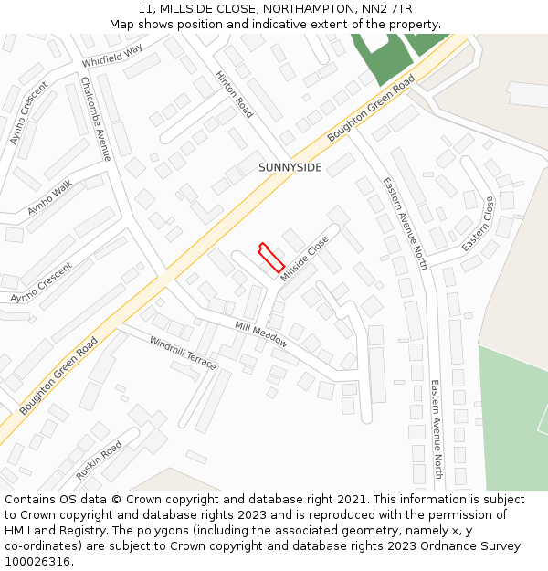 11, MILLSIDE CLOSE, NORTHAMPTON, NN2 7TR: Location map and indicative extent of plot