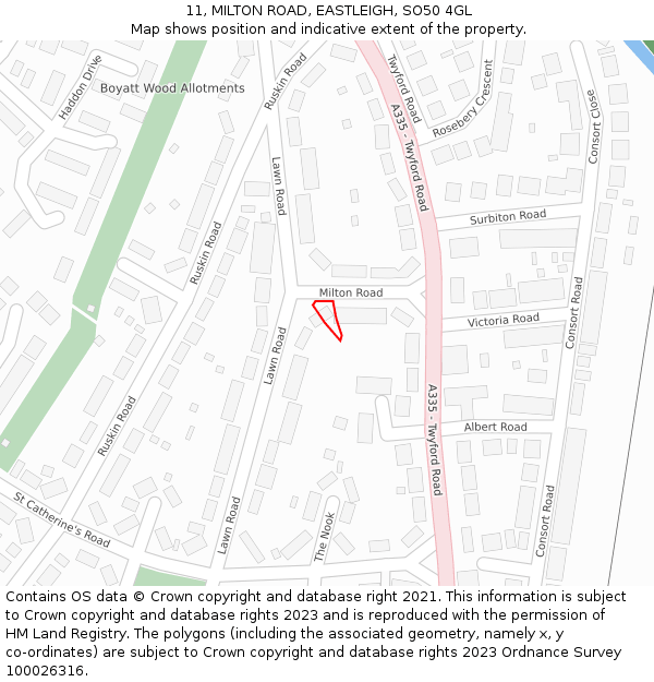 11, MILTON ROAD, EASTLEIGH, SO50 4GL: Location map and indicative extent of plot