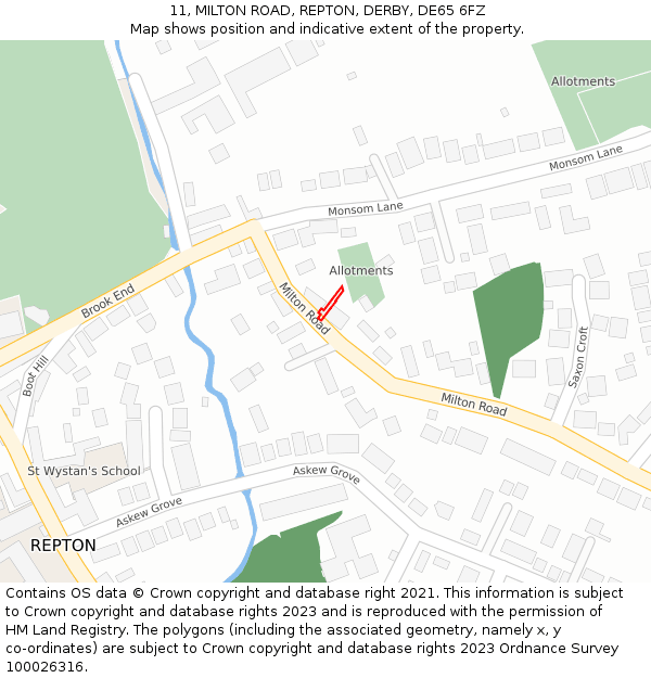 11, MILTON ROAD, REPTON, DERBY, DE65 6FZ: Location map and indicative extent of plot