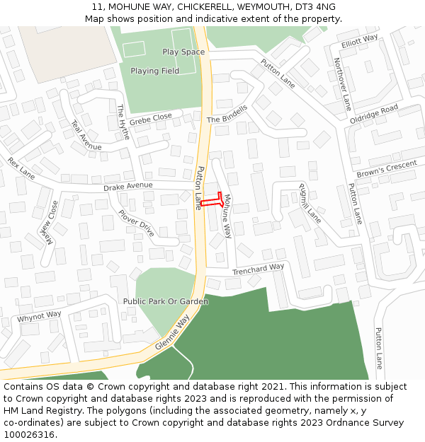 11, MOHUNE WAY, CHICKERELL, WEYMOUTH, DT3 4NG: Location map and indicative extent of plot