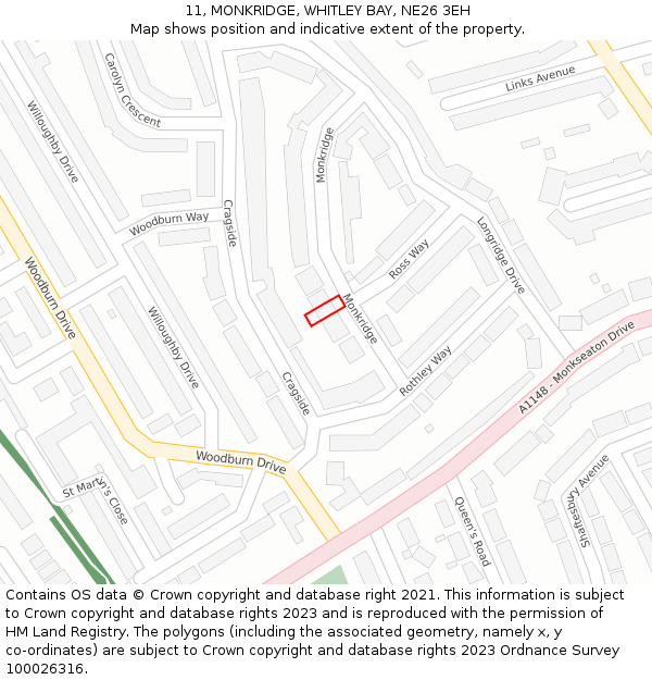 11, MONKRIDGE, WHITLEY BAY, NE26 3EH: Location map and indicative extent of plot