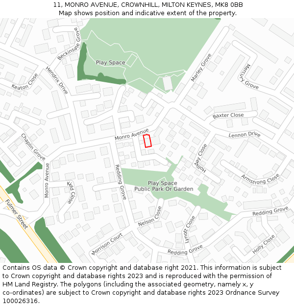 11, MONRO AVENUE, CROWNHILL, MILTON KEYNES, MK8 0BB: Location map and indicative extent of plot