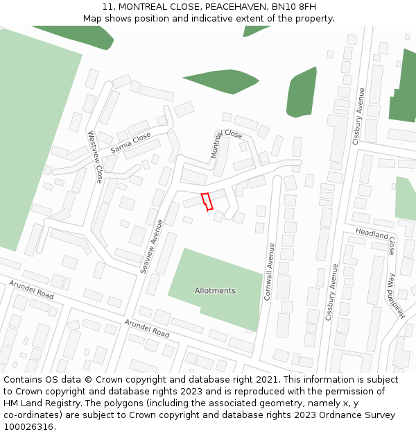 11, MONTREAL CLOSE, PEACEHAVEN, BN10 8FH: Location map and indicative extent of plot