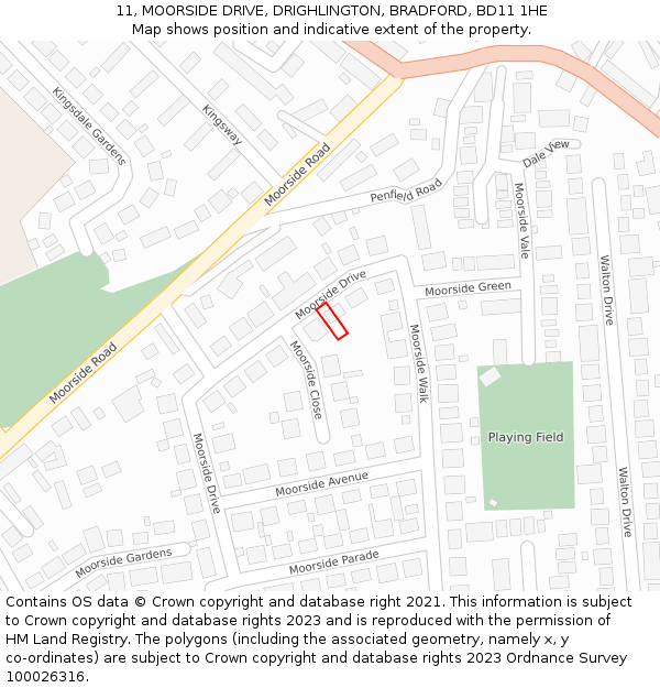 11, MOORSIDE DRIVE, DRIGHLINGTON, BRADFORD, BD11 1HE: Location map and indicative extent of plot