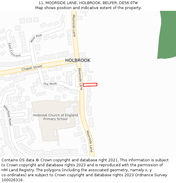 11, MOORSIDE LANE, HOLBROOK, BELPER, DE56 0TW: Location map and indicative extent of plot