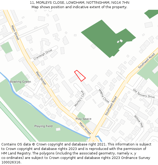 11, MORLEYS CLOSE, LOWDHAM, NOTTINGHAM, NG14 7HN: Location map and indicative extent of plot