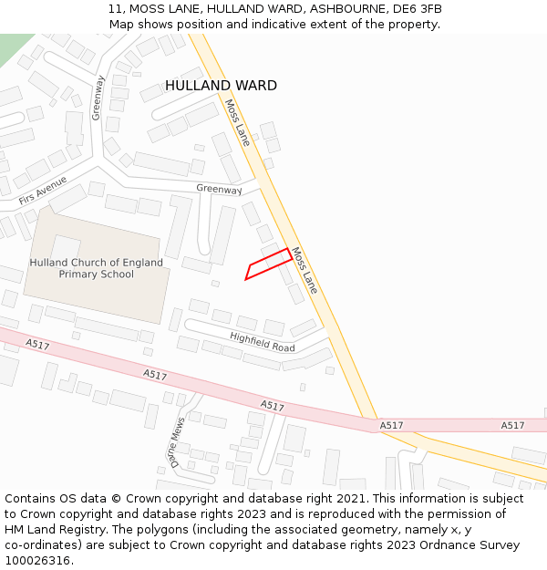 11, MOSS LANE, HULLAND WARD, ASHBOURNE, DE6 3FB: Location map and indicative extent of plot