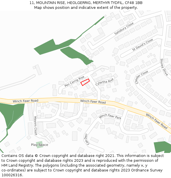 11, MOUNTAIN RISE, HEOLGERRIG, MERTHYR TYDFIL, CF48 1BB: Location map and indicative extent of plot