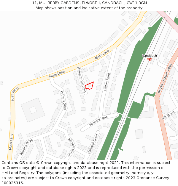 11, MULBERRY GARDENS, ELWORTH, SANDBACH, CW11 3GN: Location map and indicative extent of plot