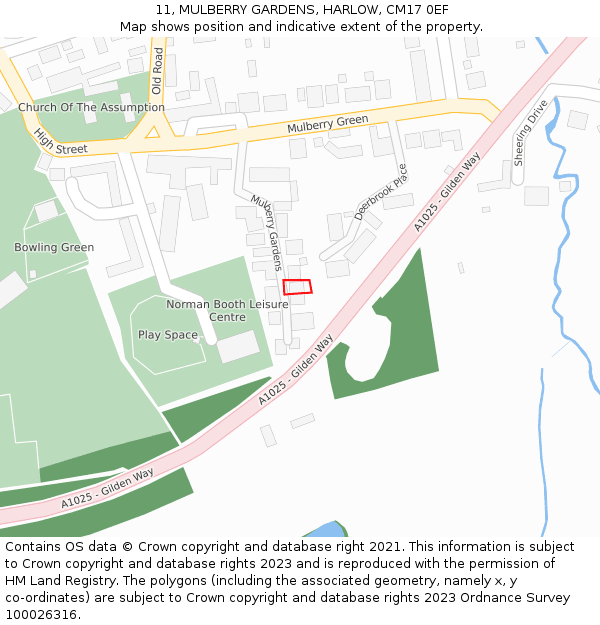 11, MULBERRY GARDENS, HARLOW, CM17 0EF: Location map and indicative extent of plot