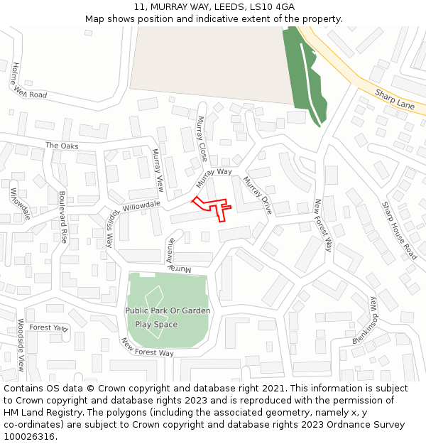 11, MURRAY WAY, LEEDS, LS10 4GA: Location map and indicative extent of plot