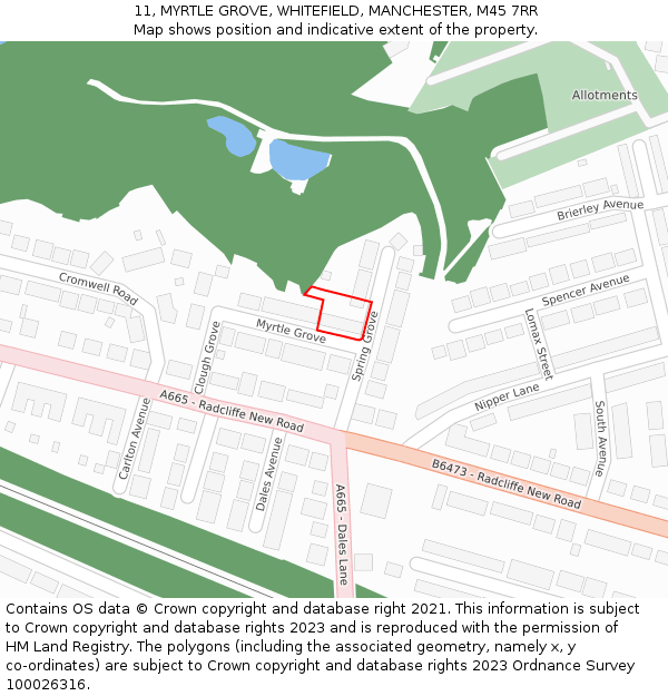 11, MYRTLE GROVE, WHITEFIELD, MANCHESTER, M45 7RR: Location map and indicative extent of plot