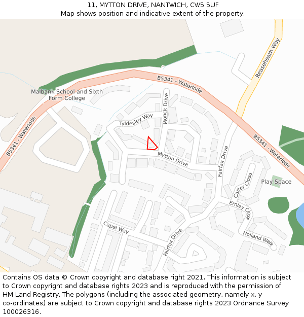 11, MYTTON DRIVE, NANTWICH, CW5 5UF: Location map and indicative extent of plot