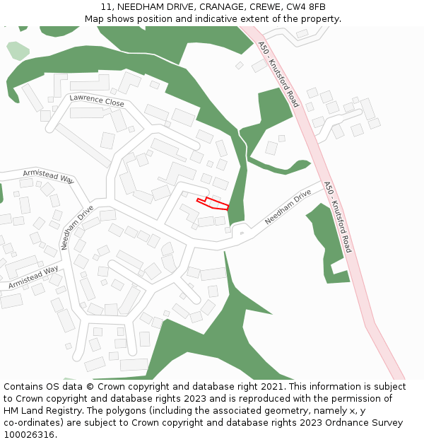 11, NEEDHAM DRIVE, CRANAGE, CREWE, CW4 8FB: Location map and indicative extent of plot