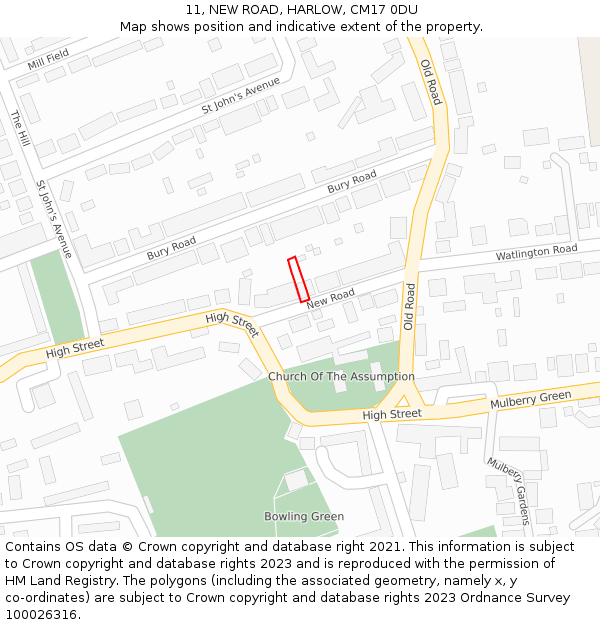 11, NEW ROAD, HARLOW, CM17 0DU: Location map and indicative extent of plot