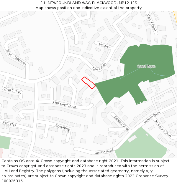 11, NEWFOUNDLAND WAY, BLACKWOOD, NP12 1FS: Location map and indicative extent of plot