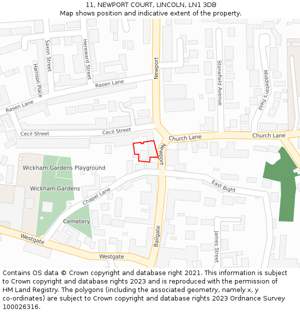 11, NEWPORT COURT, LINCOLN, LN1 3DB: Location map and indicative extent of plot