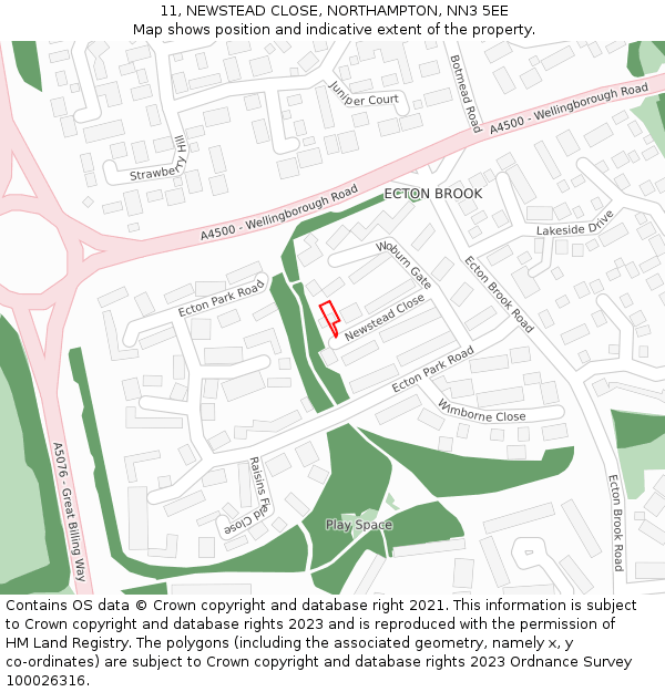 11, NEWSTEAD CLOSE, NORTHAMPTON, NN3 5EE: Location map and indicative extent of plot