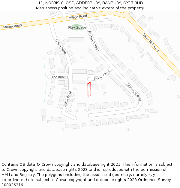 11, NORRIS CLOSE, ADDERBURY, BANBURY, OX17 3HD: Location map and indicative extent of plot